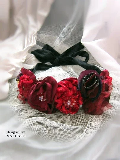 Boho Red Velvet Floral Headband,Gothic Beaded Headpiece