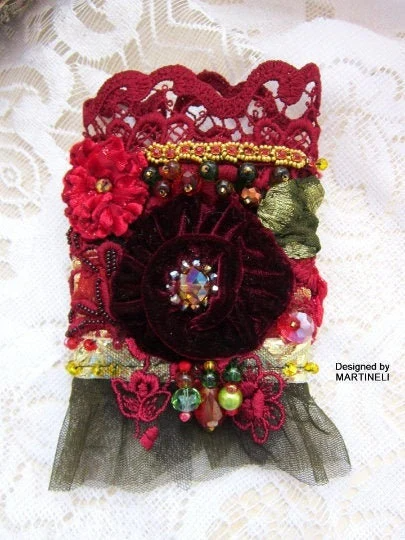 Boho Red Embroidered Cuff Bracelet