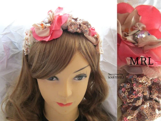 Rose Gold Boho Chic Floral Headband,Pink Beaded Tiara