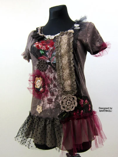S/M Embroidered Boho T Shirt Dress,Upcycled Clothing for Women
