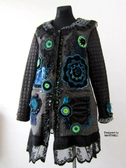 Gray Wool Coat for Women,L/XL Embroidered Boho Coat