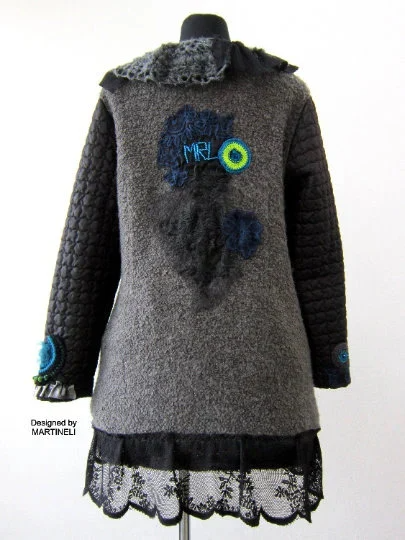 Gray Wool Coat for Women,L/XL Embroidered Boho Coat