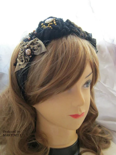 Black Gothic Headband,Embroidered Velvet Sash Belt