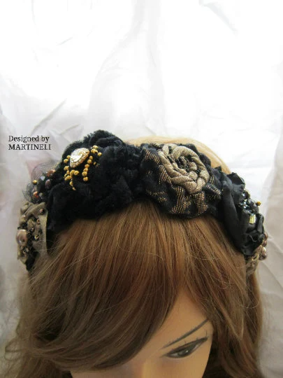 Black Gothic Headband,Embroidered Velvet Sash Belt