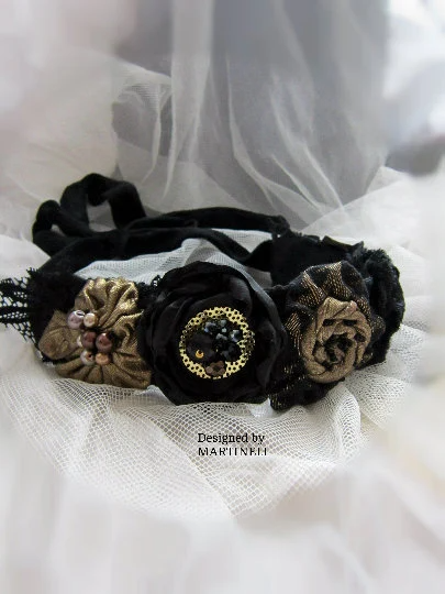 Black Gothic Headband,Embroidered Velvet Sash Belt