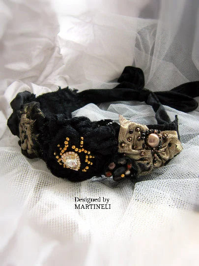 Black Gothic Headband,Embroidered Velvet Sash Belt
