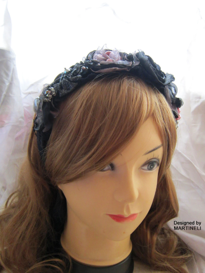 Black Velvet Embroidered Crystal Headband,Gothic Beaded Headpiece
