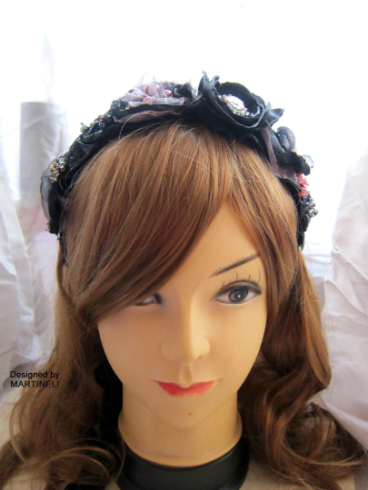 Black Velvet Embroidered Crystal Headband,Gothic Beaded Headpiece