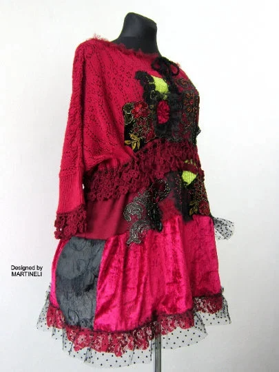 XL/4XL Plus Size Wine Red Sweater Dress,Upcycled Clothing for Women