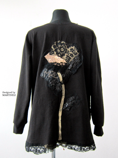 Black Embroidered Sweatshirt For Women XL Boho Casual Top