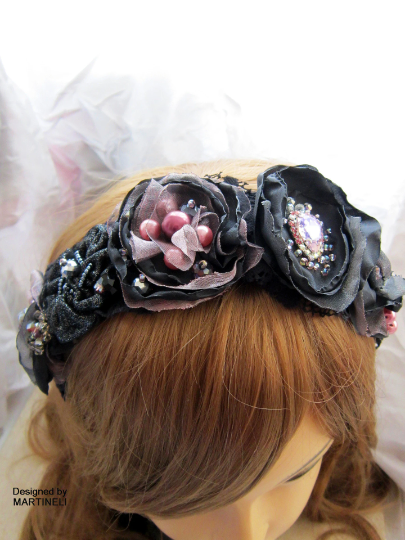 Black Velvet Embroidered Crystal Headband,Gothic Beaded Headpiece