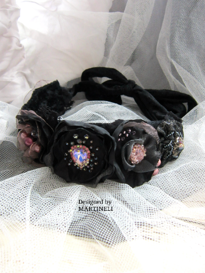 Black Velvet Embroidered Crystal Headband,Gothic Beaded Headpiece