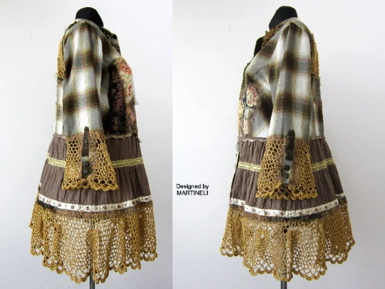 Khaki Green Floral Duster Dress,XL Upcycled Clothing for Women