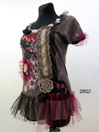 S/M Embroidered Boho T Shirt Dress,Upcycled Clothing for Women