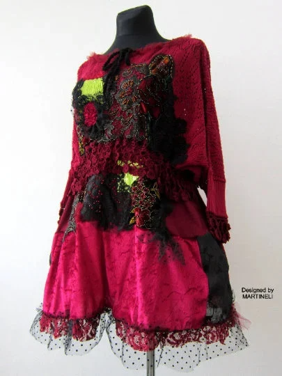 XL/4XL Plus Size Wine Red Sweater Dress,Upcycled Clothing for Women