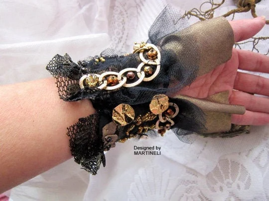 Black Gothic Cuff Bracelet,Handmade Embroidered Wrap Bracelet