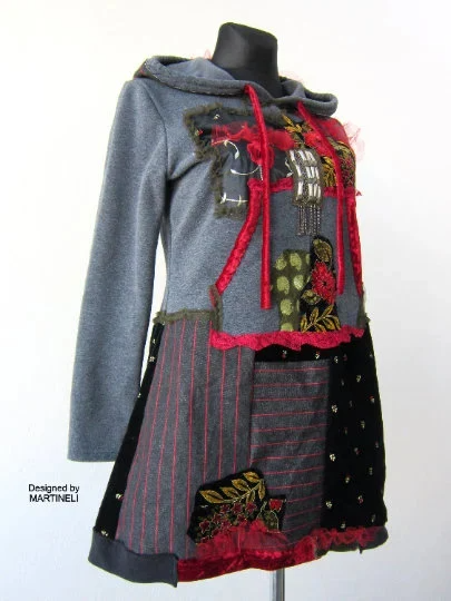 Hooded Sweatshirt Dress,S/M Gray Hoodie Dress
