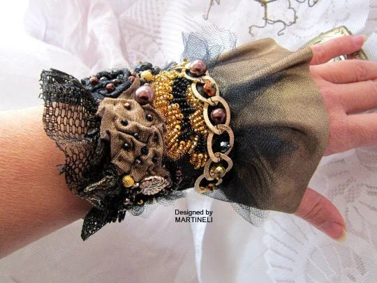 Black Gothic Cuff Bracelet,Handmade Embroidered Wrap Bracelet