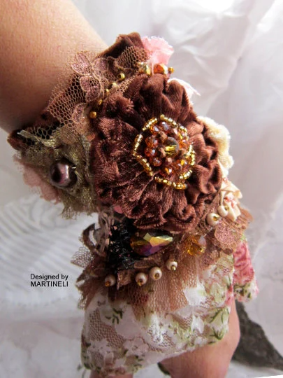 Bohemian Embroidered Velvet Cuff Bracelet,Rose Gold Wrap Bracelet