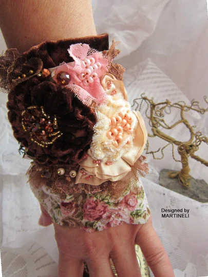 Bohemian Embroidered Velvet Cuff Bracelet,Rose Gold Wrap Bracelet
