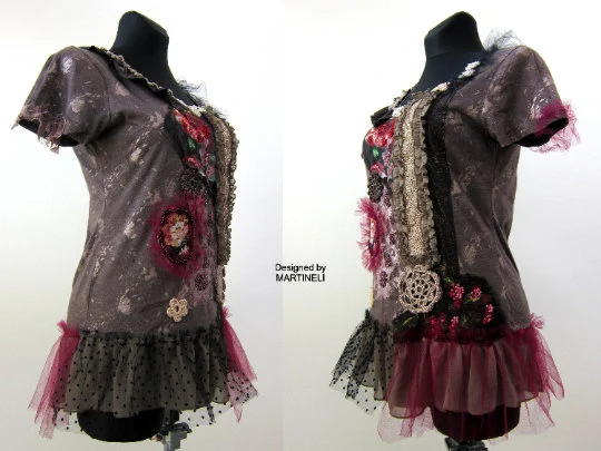 S/M Embroidered Boho T Shirt Dress,Upcycled Clothing for Women