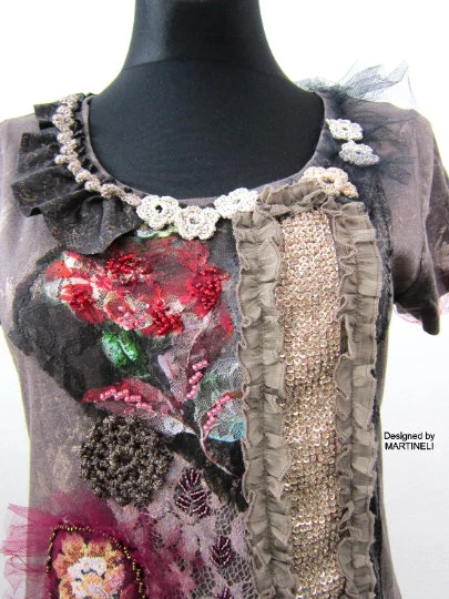 S/M Embroidered Boho T Shirt Dress,Upcycled Clothing for Women