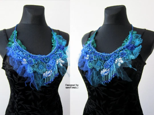 Blue Crystal Statement Necklace,Victorian Beaded Embroidered Necklace