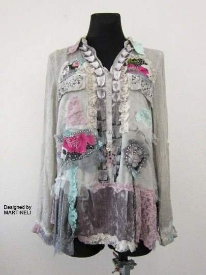 M/L Gray Embroidered Boho Top Tunic,Upcycled Clothing For Women
