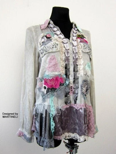 M/L Gray Embroidered Boho Top Tunic,Upcycled Clothing For Women