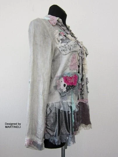 M/L Gray Embroidered Boho Top Tunic,Upcycled Clothing For Women
