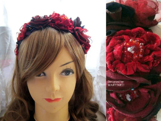 Boho Red Velvet Floral Headband,Gothic Beaded Headpiece