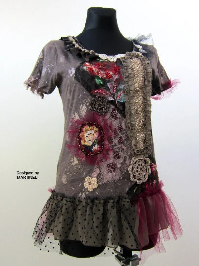 S/M Embroidered Boho T Shirt Dress,Upcycled Clothing for Women