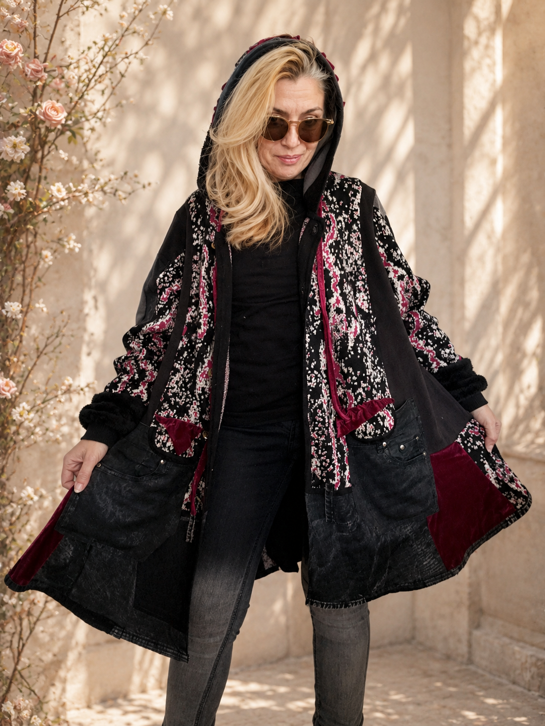 3XL Plus Size Hooded Cardigan – Black & Pink Patchwork Boho Jacket