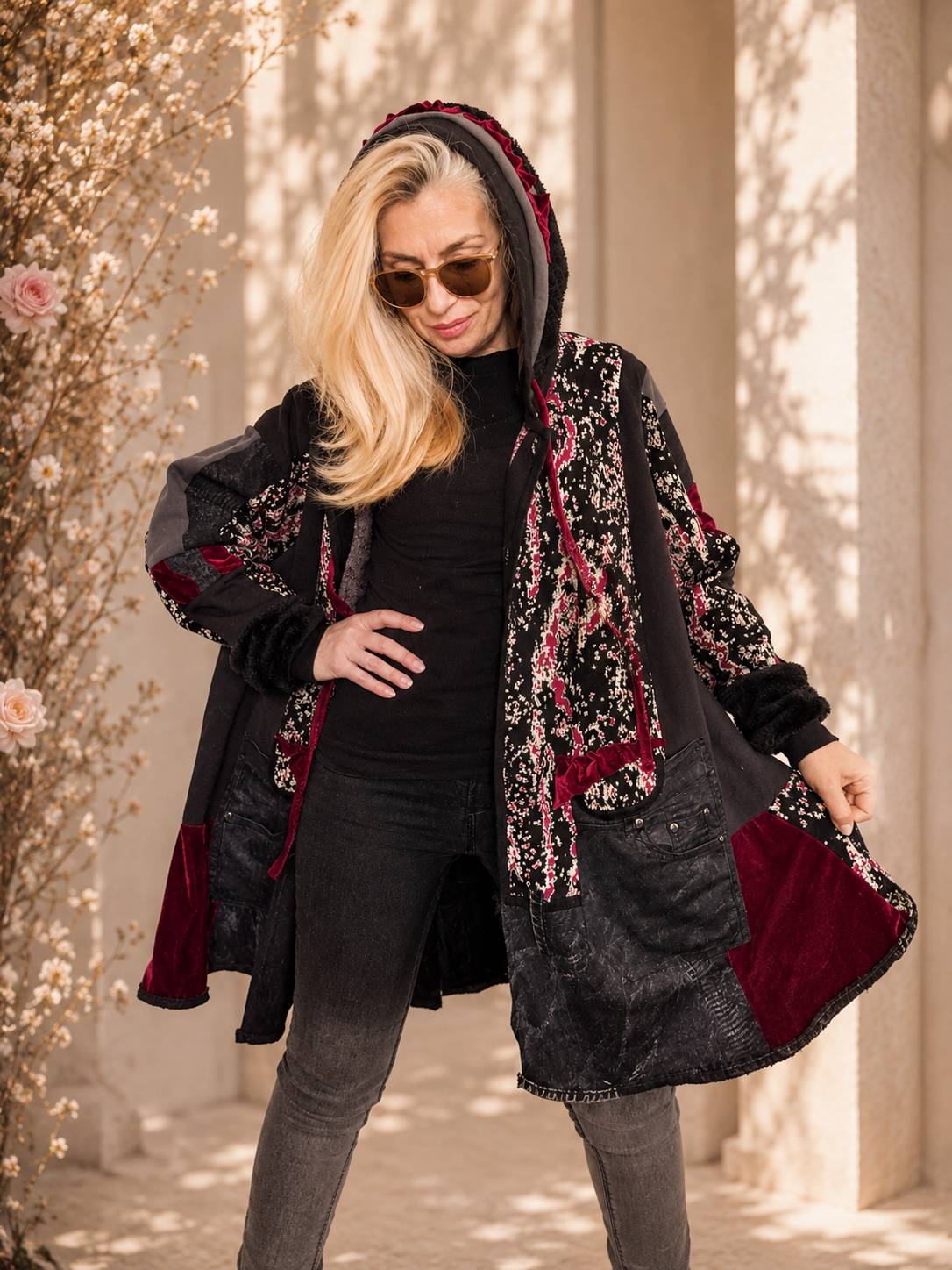3XL Plus Size Hooded Cardigan – Black & Pink Patchwork Boho Jacket