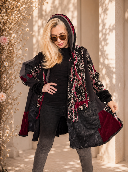 3XL Plus Size Hooded Cardigan – Black & Pink Patchwork Boho Jacket