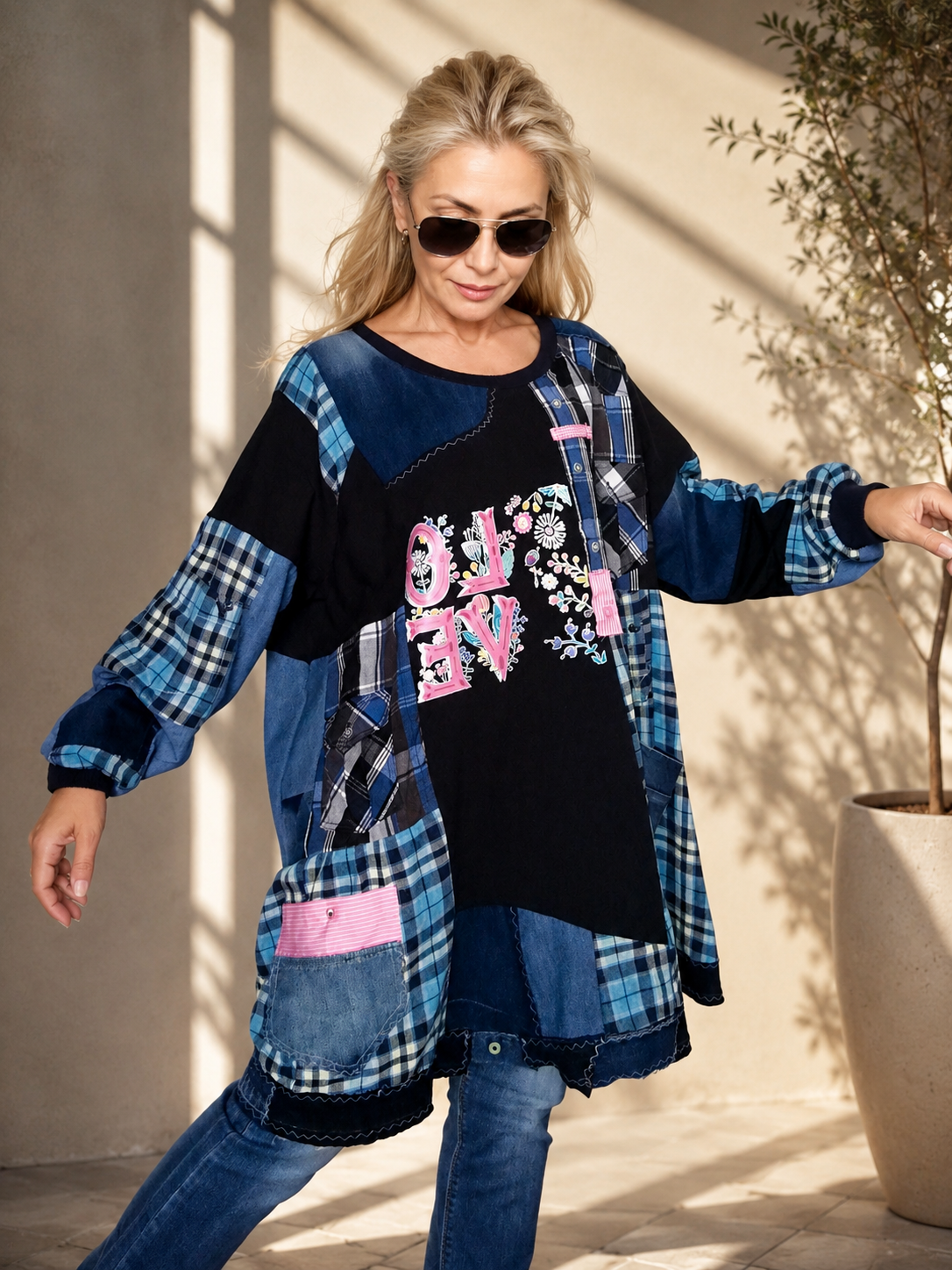 4XL Plus Size Plaid Denim Dress – Boho Patchwork Tunic