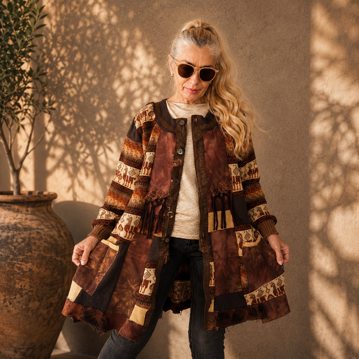 2XL Plus Size Wool Cardigan Dress – Brown Patchwork Boho Coat