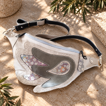 Greige Italian leather Angel Wing sling bag handmade by MARTINELI