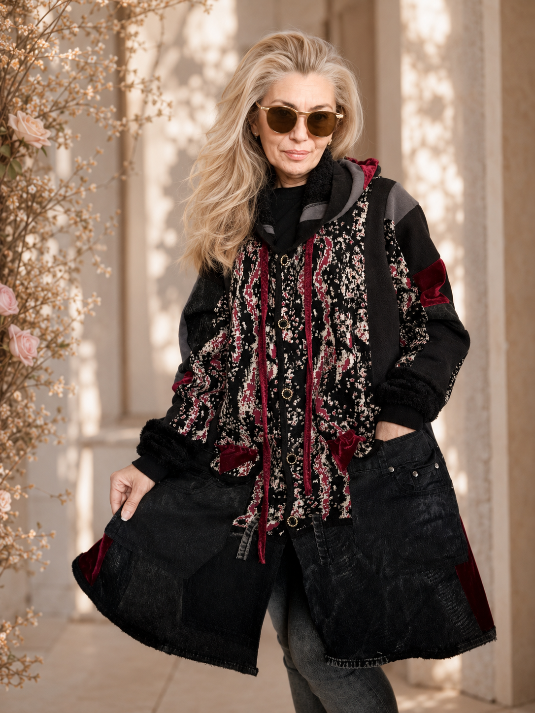 3XL Plus Size Hooded Cardigan – Black & Pink Patchwork Boho Jacket