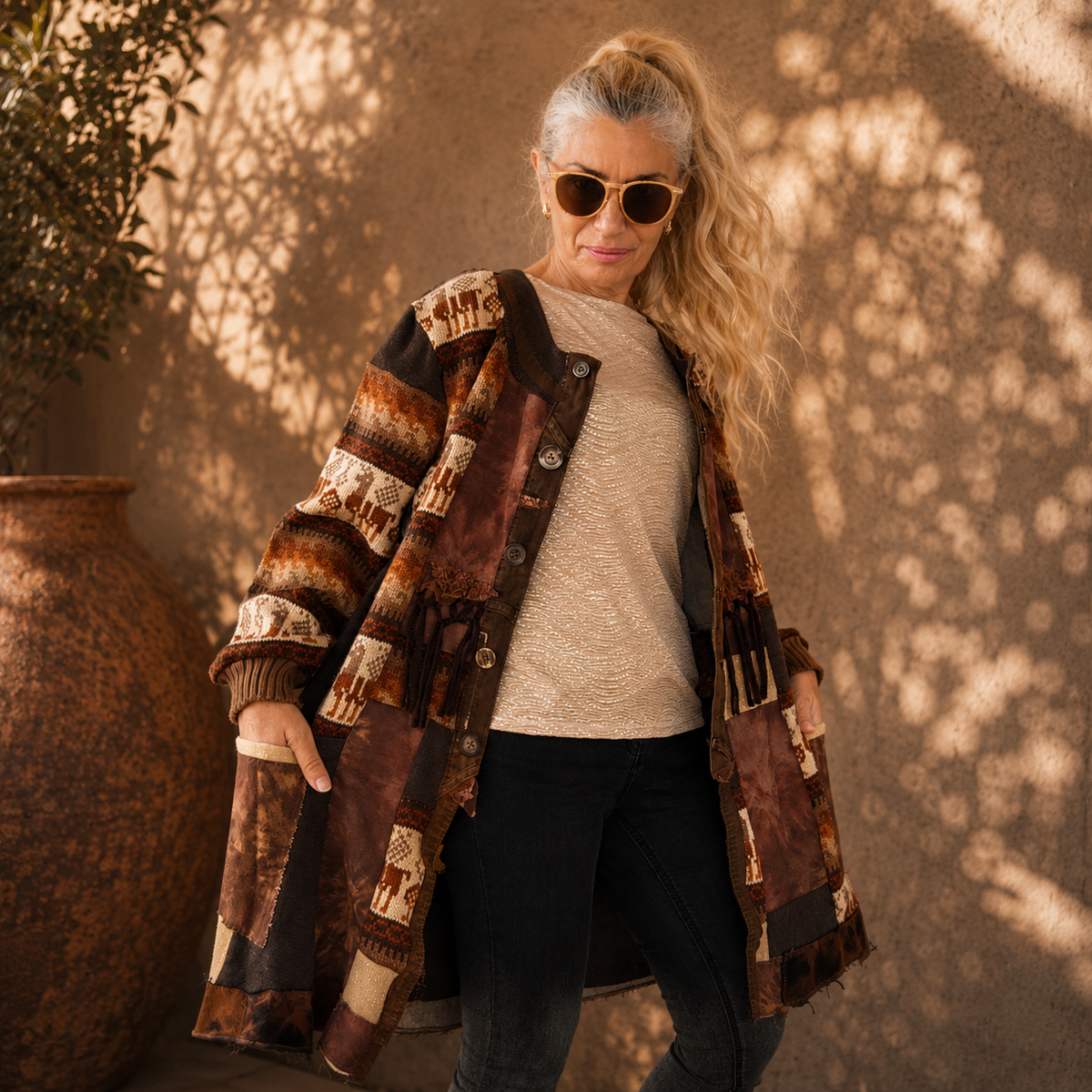 2XL Plus Size Wool Cardigan Dress – Brown Patchwork Boho Coat