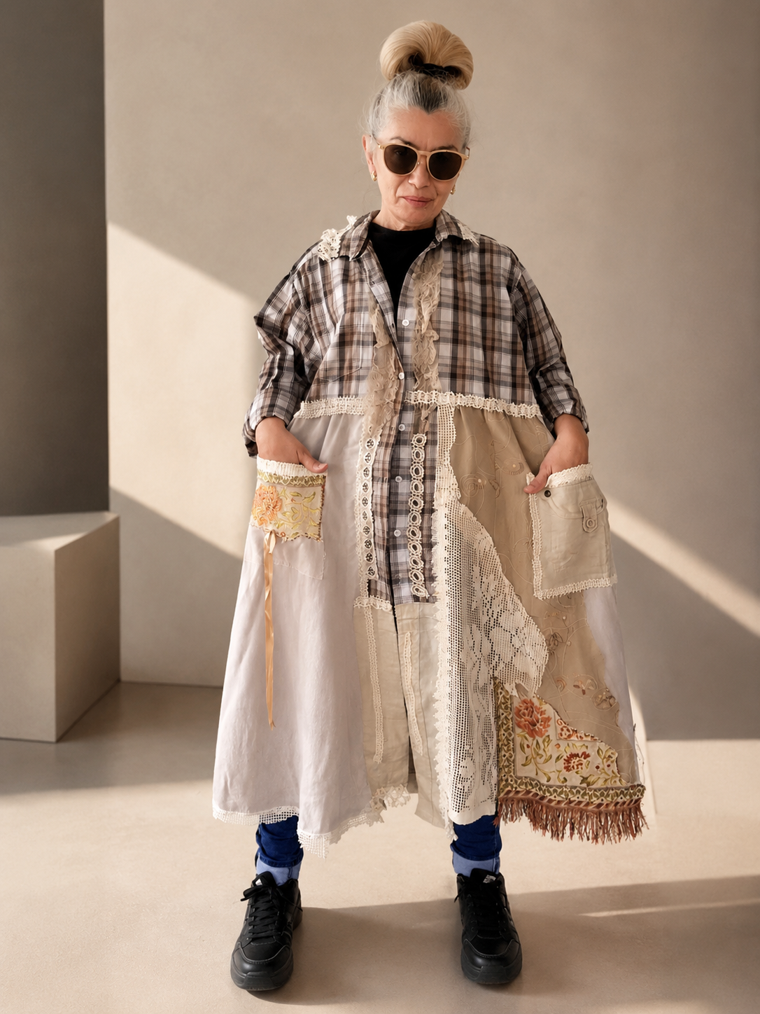 2XL Plus Size Linen Duster Dress – Beige Plaid Patchwork Boho Jacket