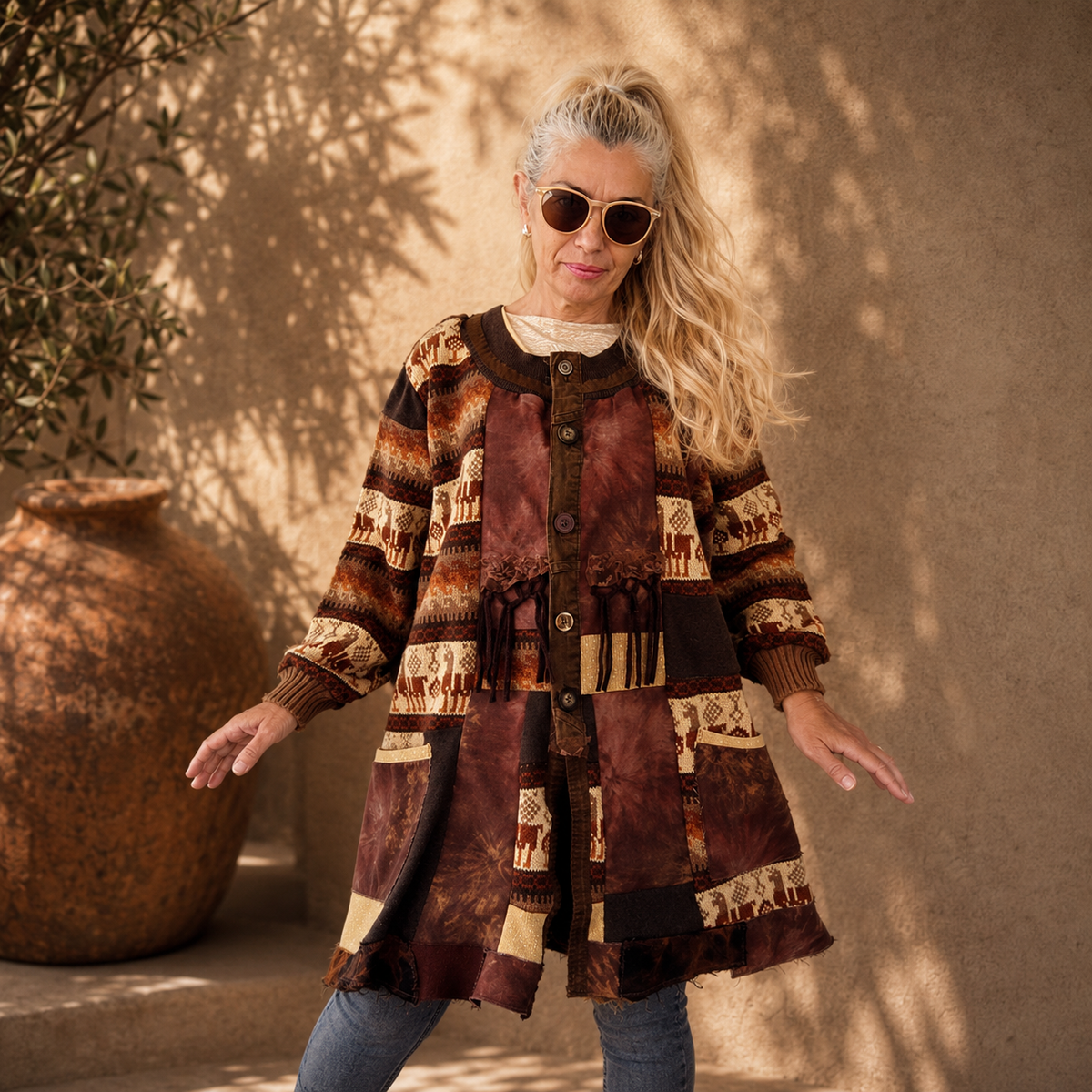 2XL Plus Size Wool Cardigan Dress – Brown Patchwork Boho Coat
