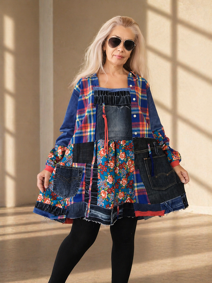 Plus Size Denim Shirt Dress,3XL Boho Style Tunic Dress