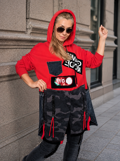 2XL Plus Size Red Hooded Sweatshirt Dress – Gray Camouflage Denim Patchwork Dress