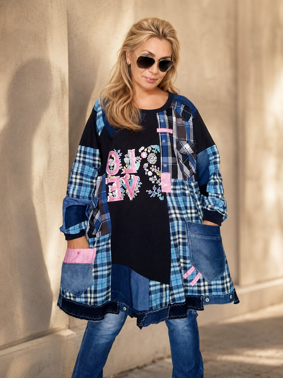 4XL Plus Size Plaid Denim Dress – Boho Patchwork Tunic