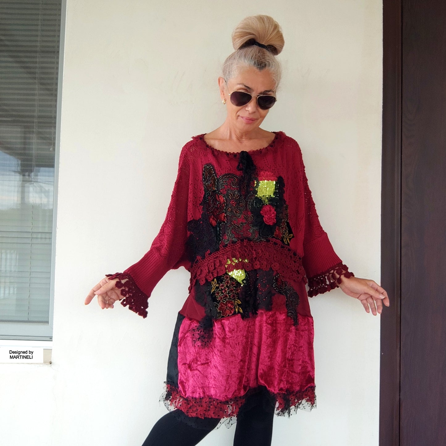 Plus Size Wine Red Sweater Dress,XL/4XL Upcycled Embroidered Knit Tunic