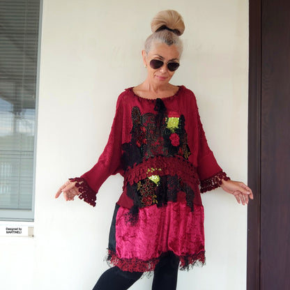 Plus Size Wine Red Sweater Dress,XL/4XL Upcycled Embroidered Knit Tunic