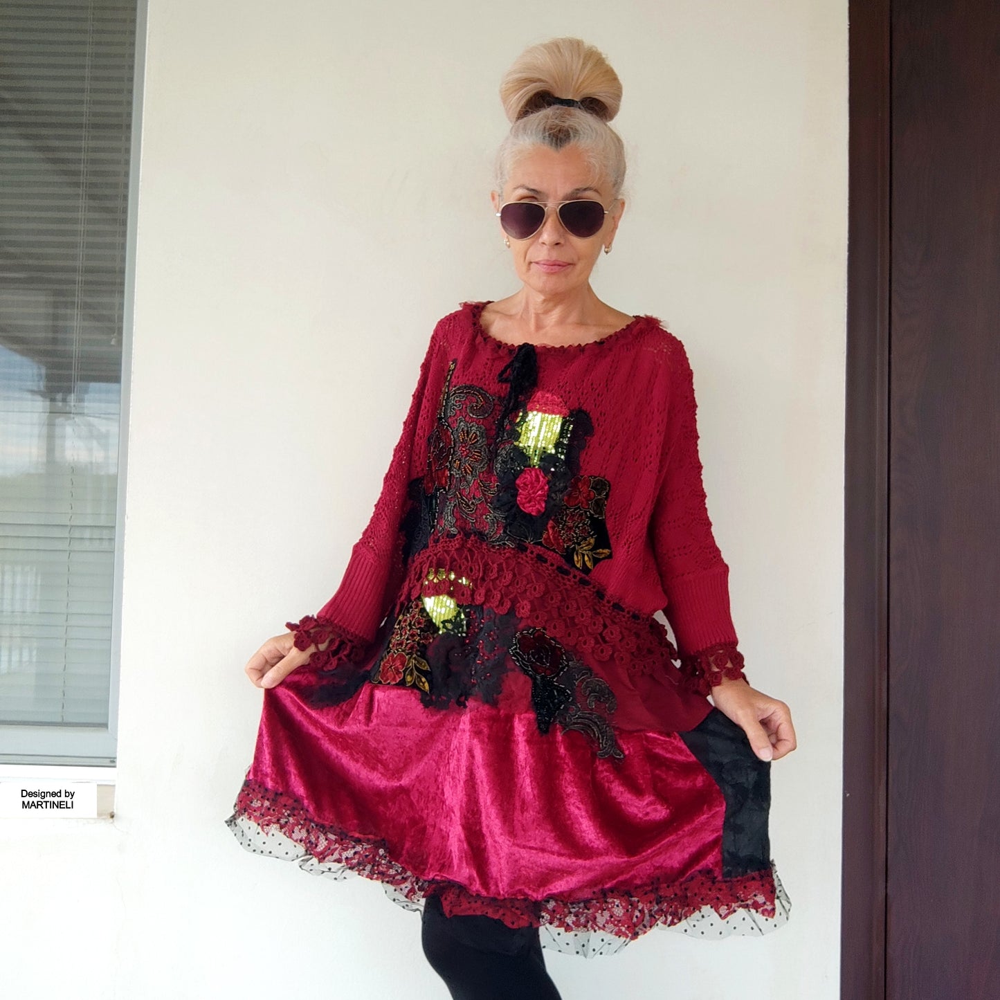 Plus Size Wine Red Sweater Dress,XL/4XL Upcycled Embroidered Knit Tunic