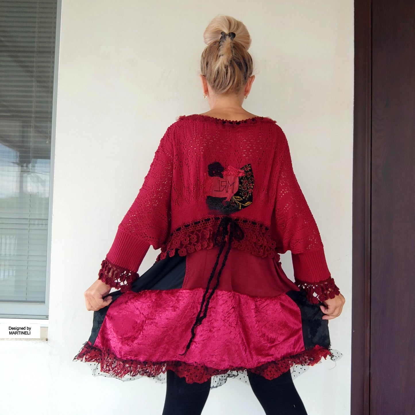 Plus Size Wine Red Sweater Dress,XL/4XL Upcycled Embroidered Knit Tunic