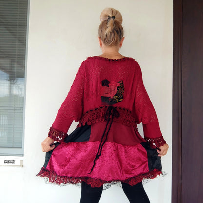 Plus Size Wine Red Sweater Dress,XL/4XL Upcycled Embroidered Knit Tunic